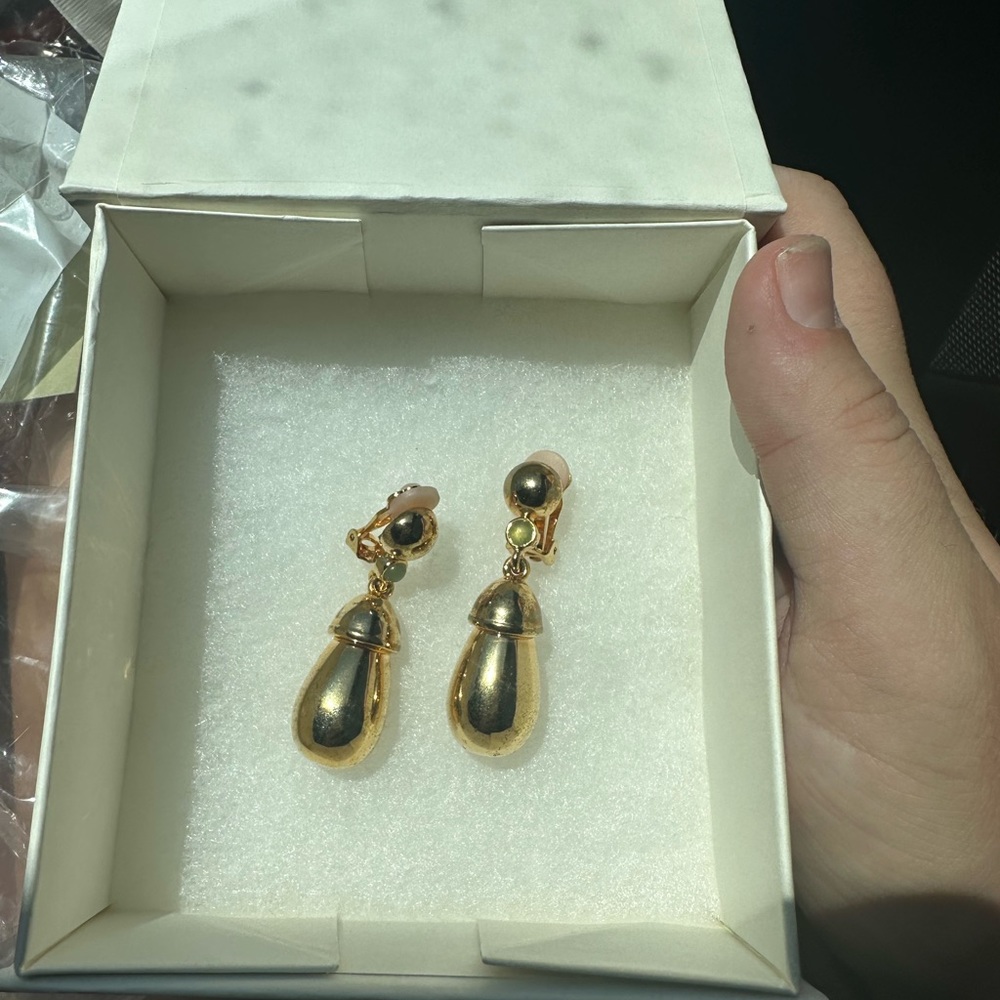 Adam Lippes 24K Gold Plated Teardrop Earrings with a precious green Stone
